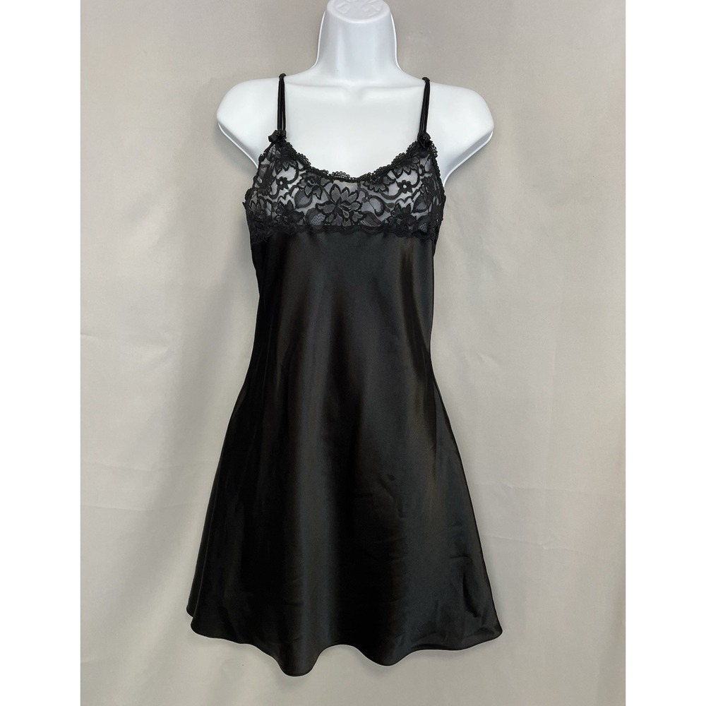 Nordstrom Women's Lace Trim Chemise Lingerie Slip Dress Black Sz Small
